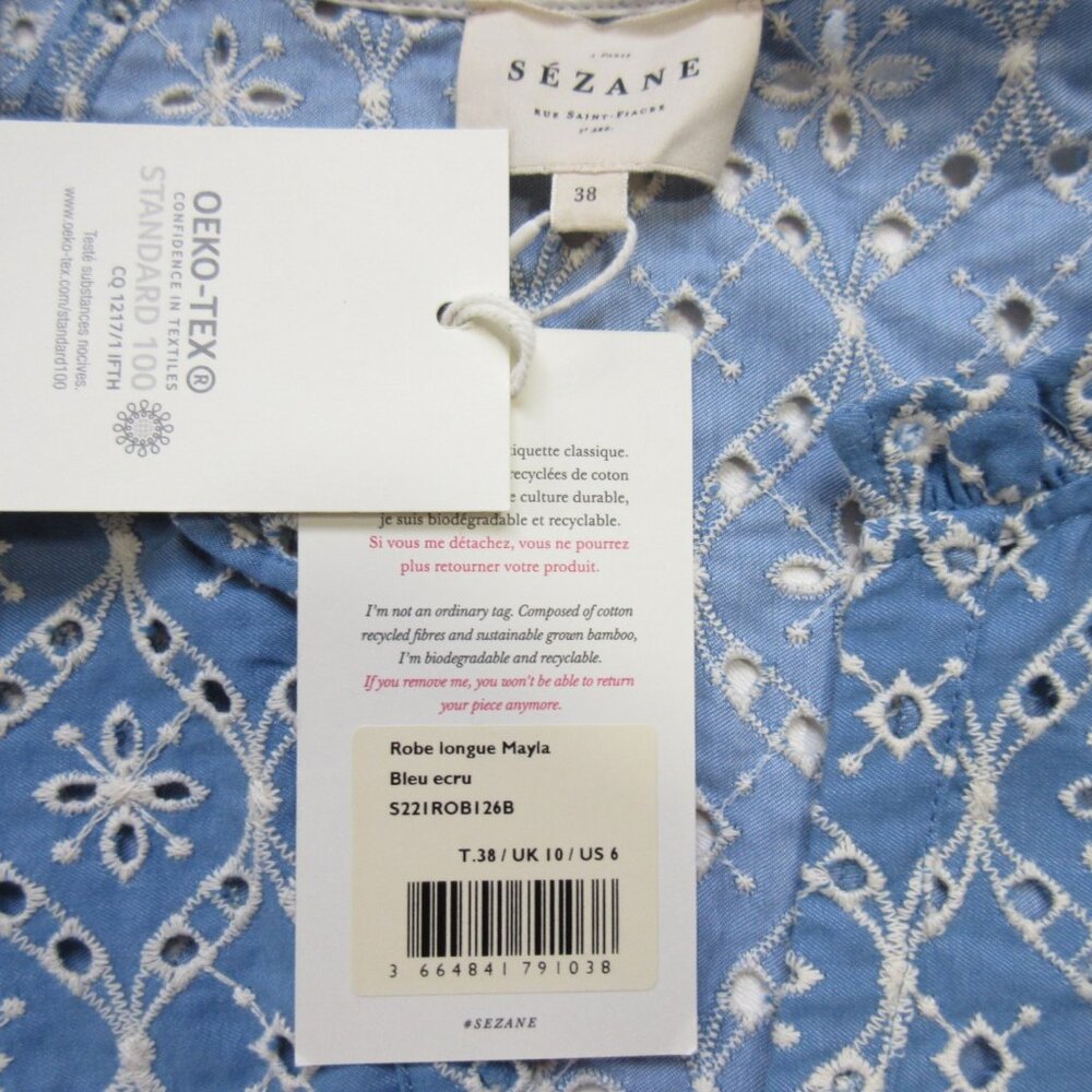 NWT Sezane Mayla in Blue Ecru Embroidered Eyelet Maxi Dress 38 / US 6 - Picture 6 of 9